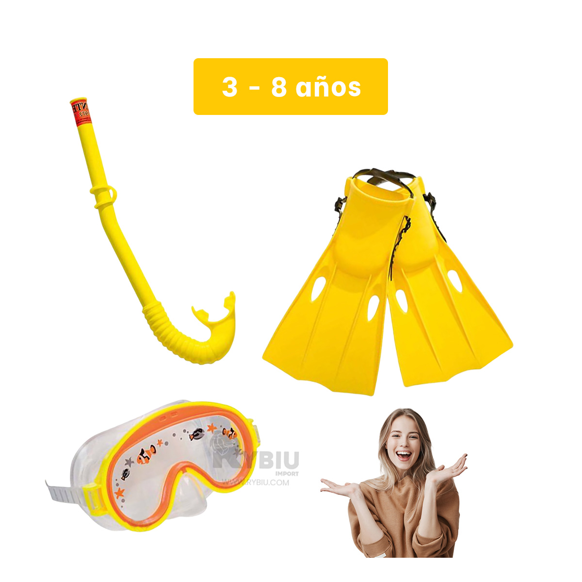 KIT NATACIÓN RYBIU 55954 USO RECREATIVO PISCINA AMARILLO + GIFT STICKERS - 5