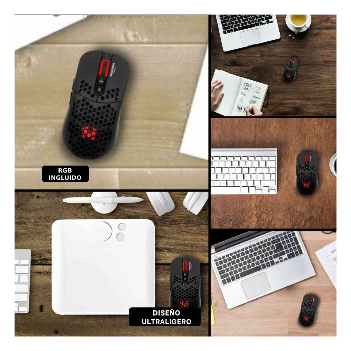 MOUSE GAMER INALÁMBRICO RYBIU GM828RX NEGRO RATON DISEÑO PANAL ULTRA LIGERO + GIFT MINIAGENDA - 1