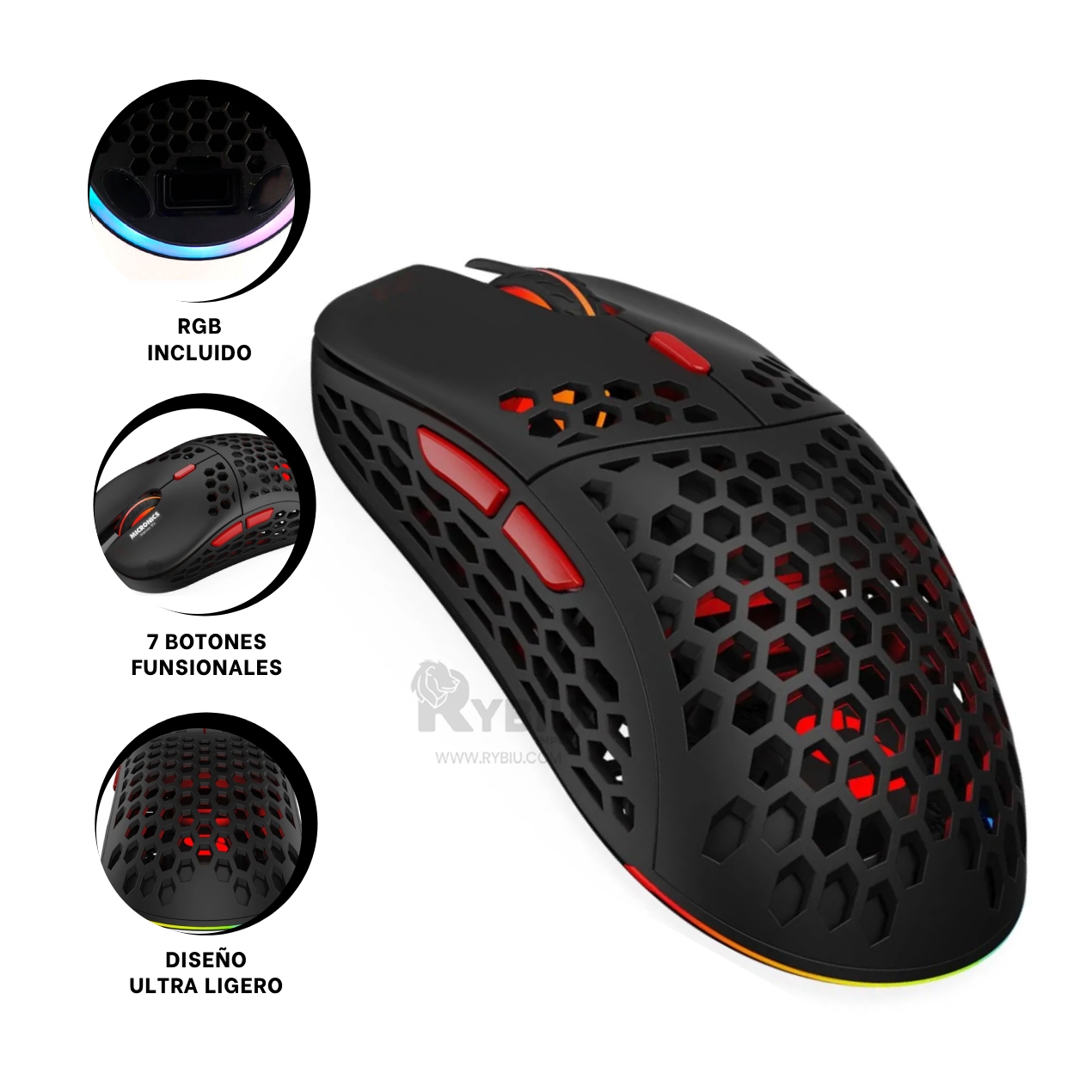 MOUSE GAMER INALÁMBRICO RYBIU GM828RX NEGRO CURSOR UTIL + REGALO LIGAS PEINAR - 3