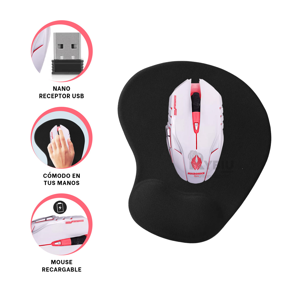 MOUSE GAMER INALÁMBRICO RYBIU M834 BLANCO LED ILUMINACION ROJA + PAPEL REGALO - 4
