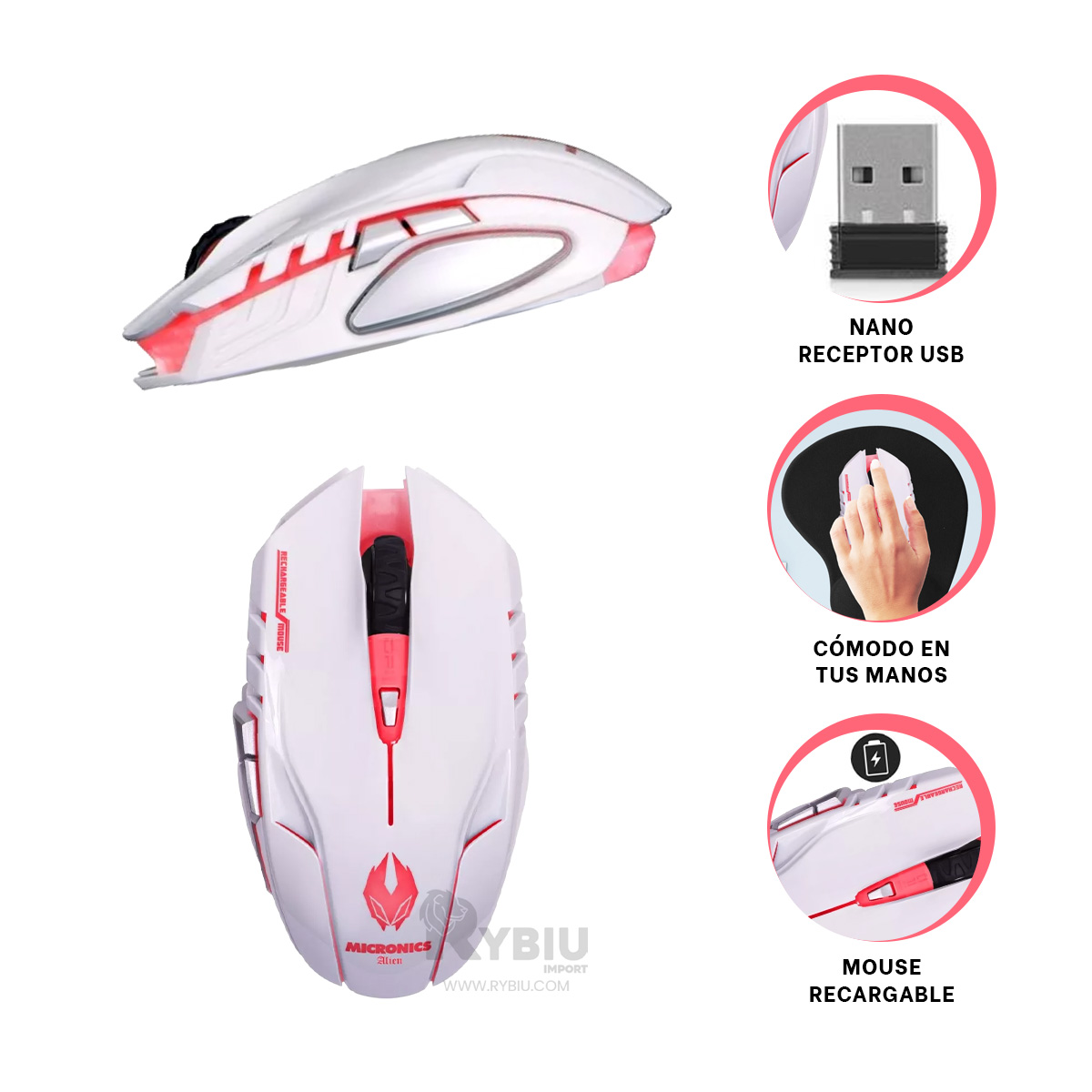 MOUSE GAMER INALÁMBRICO RYBIU M834 BLANCO CURSOR + REGALO LIGAS PEINAR - 4