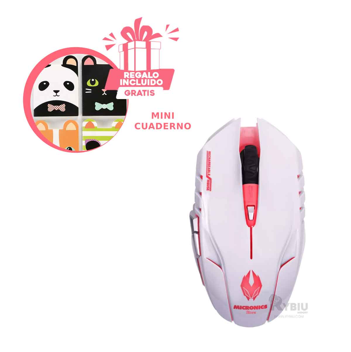 MOUSE GAMER INALÁMBRICO RYBIU M834 BLANCO RATON 6 BOTONES FUNCION + ENVOLTORIO REGALO - 1