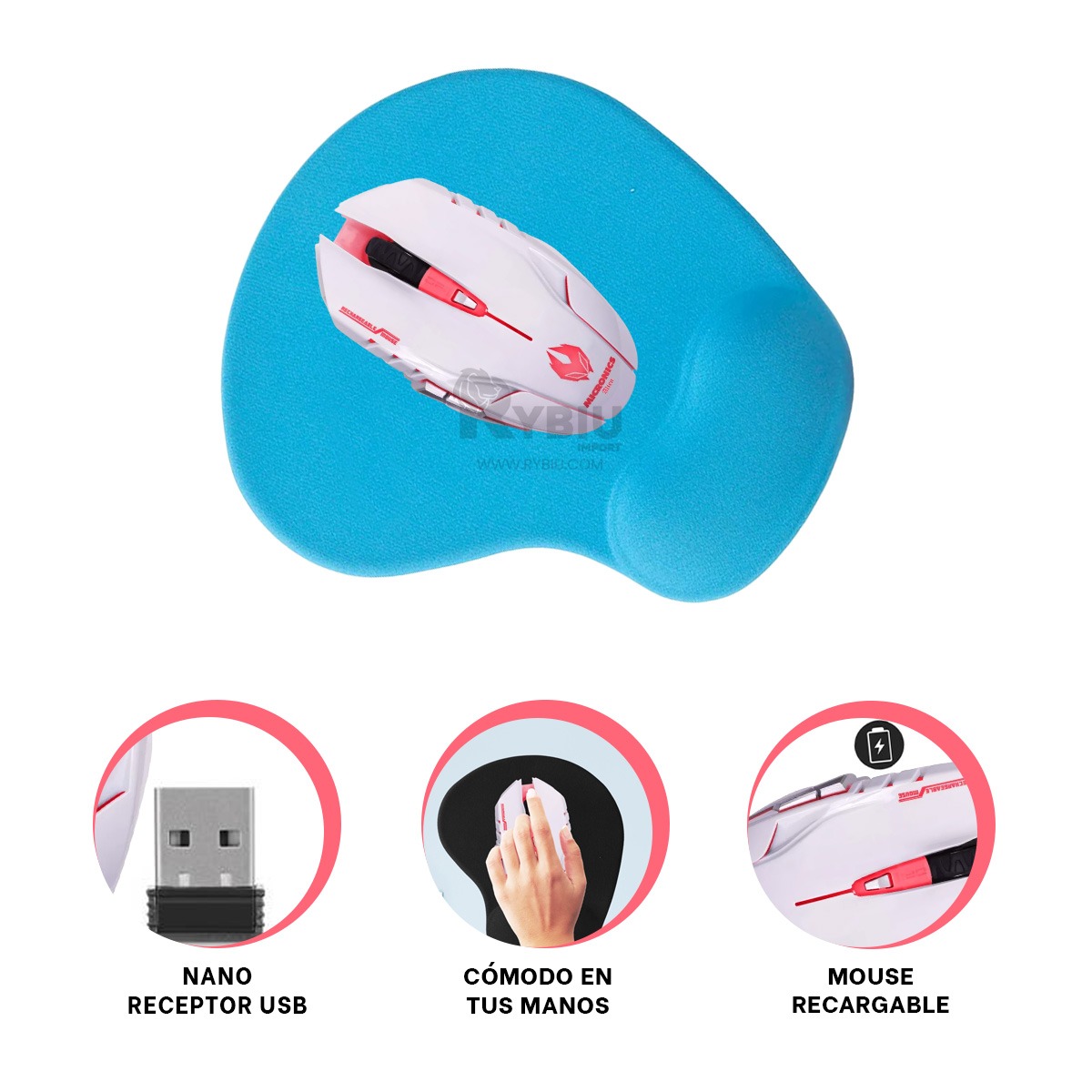 MOUSE GAMER INALÁMBRICO RYBIU M834 BLANCO RATON 6 BOTONES FUNCION + ENVOLTORIO REGALO - 3