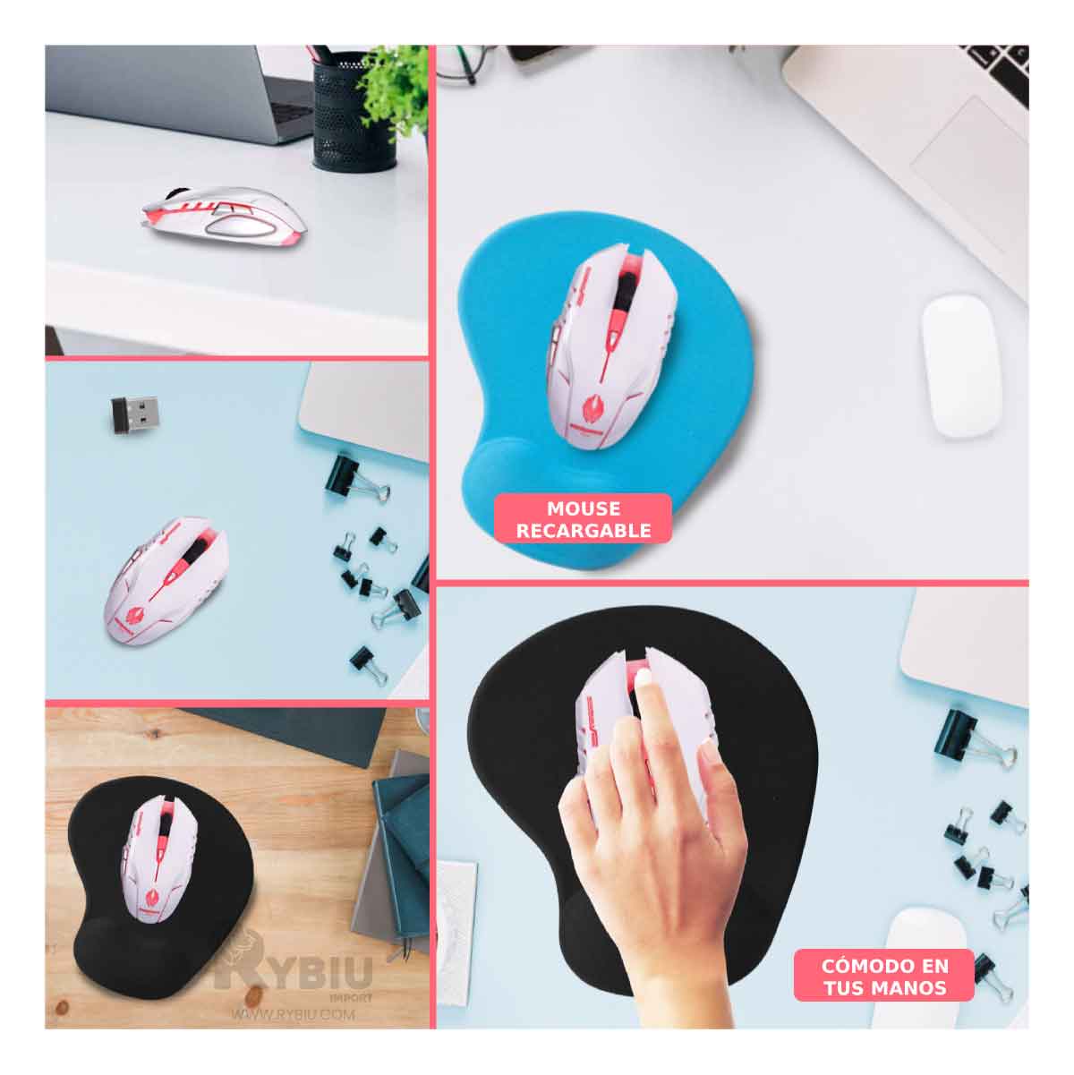 MOUSE GAMER INALÁMBRICO RYBIU M834 BLANCO RATON MODERNO BOTONES + REGALO STICKERS - 1