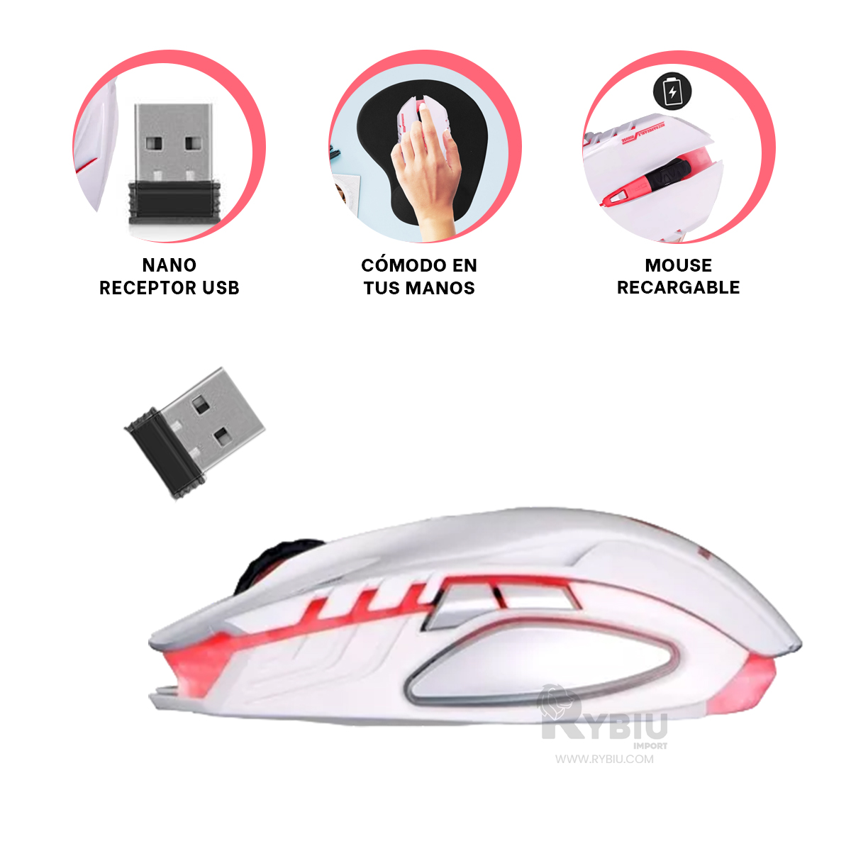MOUSE GAMER INALÁMBRICO RYBIU M834 BLANCO RATON MODERNO BOTONES + REGALO STICKERS - 3