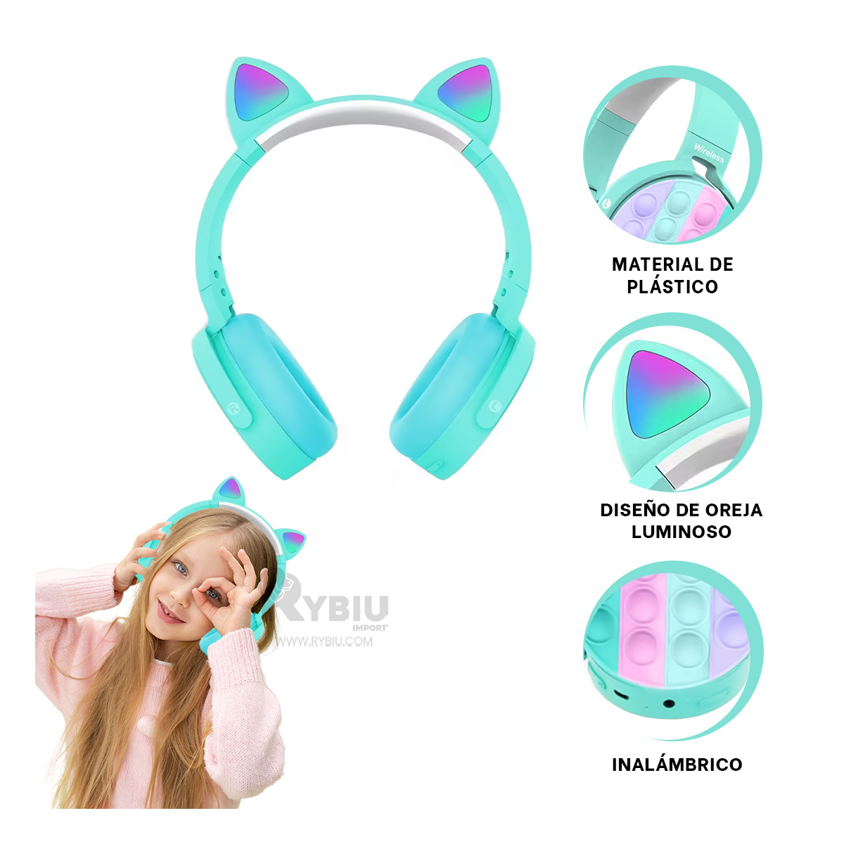 AURICULARES RYBIU INALÁMBRICO POP IT VERDE AGUA + BANDERITAS ADHESIVAS - 3