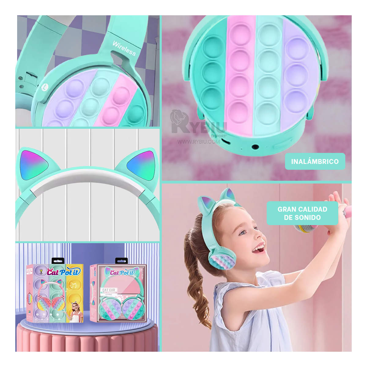 AURICULARES RYBIU INALÁMBRICO POP IT VERDE AGUA + BANDERITAS ADHESIVAS - 4