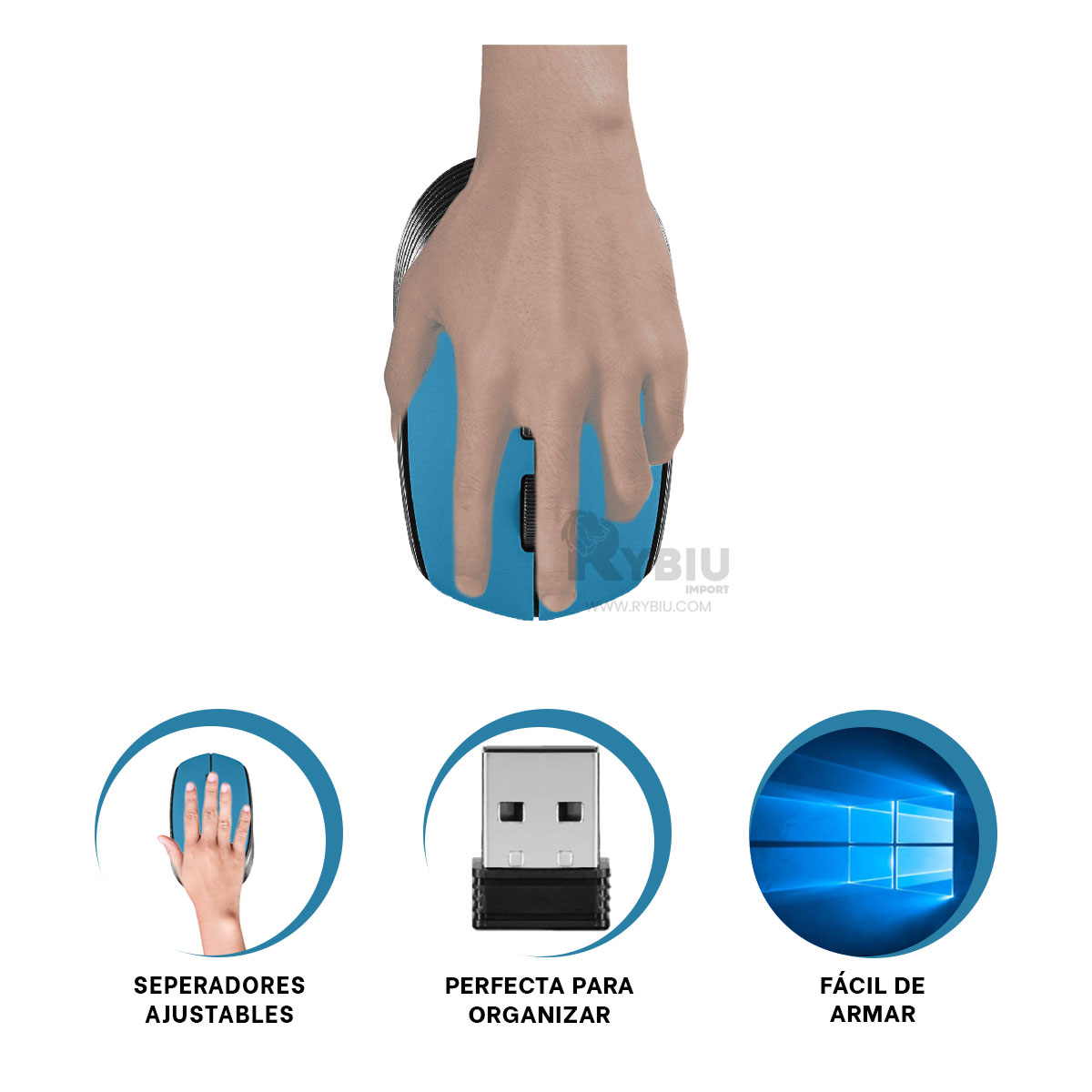 CURSOR INALÁMBRICO RYBIU ELEGANTE M312 COLOR AZUL + BANDERITAS ADHESIVAS - 3