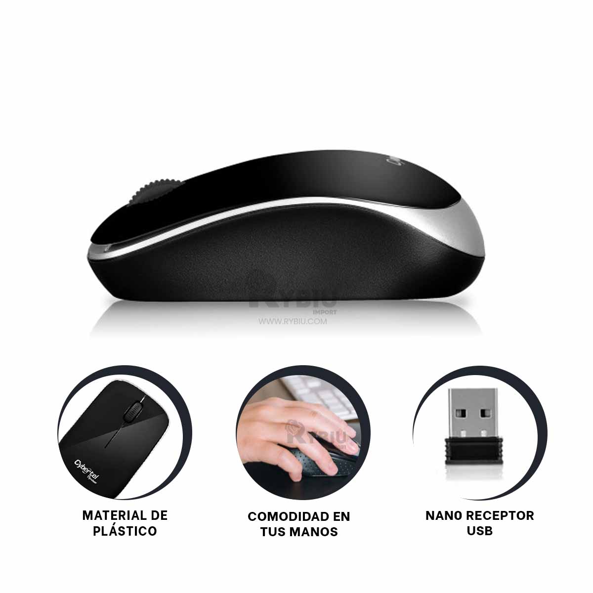 CURSOR INALÁMBRICO RYBIU ELEGANTE M302W TONO NEGRO + BANDERITAS ADHESIVAS - 1
