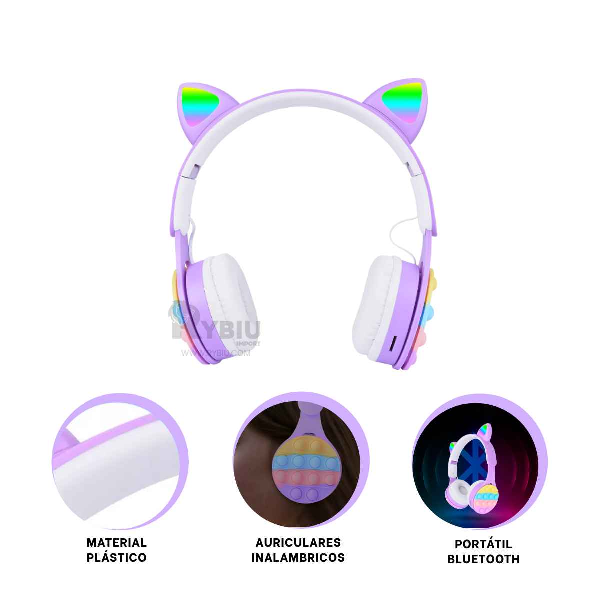 AUDÍFONOS RYBIU INALÁMBRICO ERGONOMICOS GATO EN LILA + PAPEL REGALO - 3