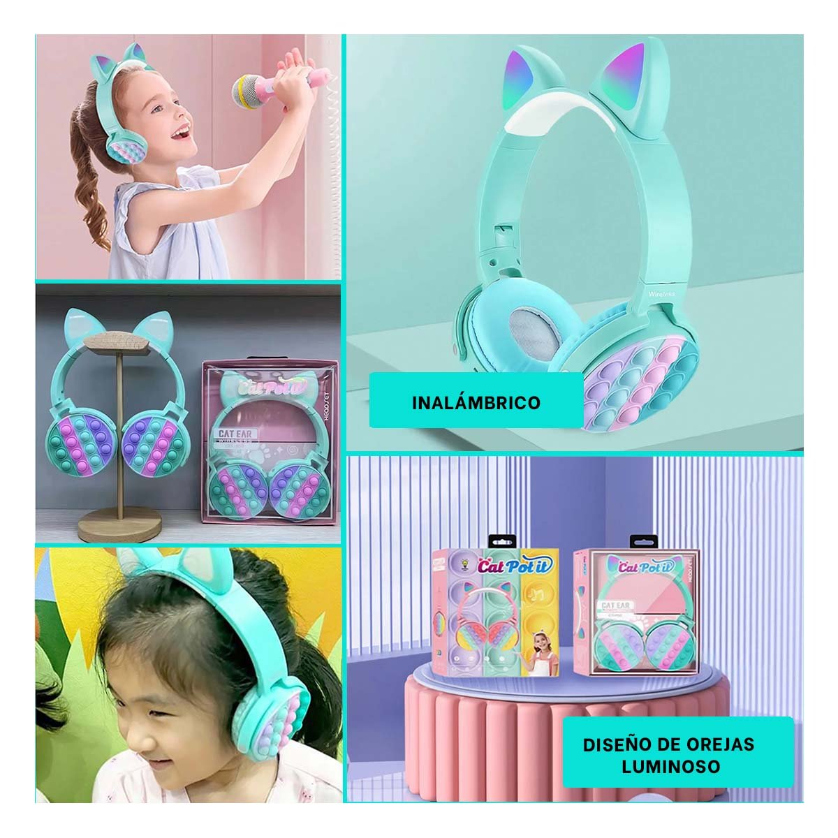 AURICULARES RYBIU INALÁMBRICO GATITO VERDE AGUA + LIGAS REGALO - 5