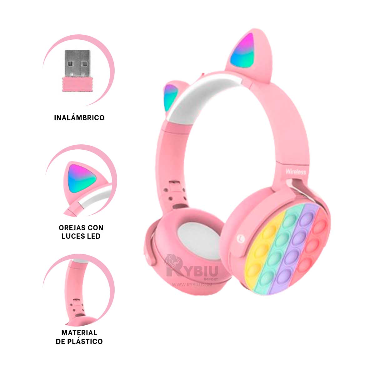 AURICULARES RYBIU INALÁMBRICO CAT VERSATIL ROSADO + REGALO LIGAS PARA PEINAR - 3