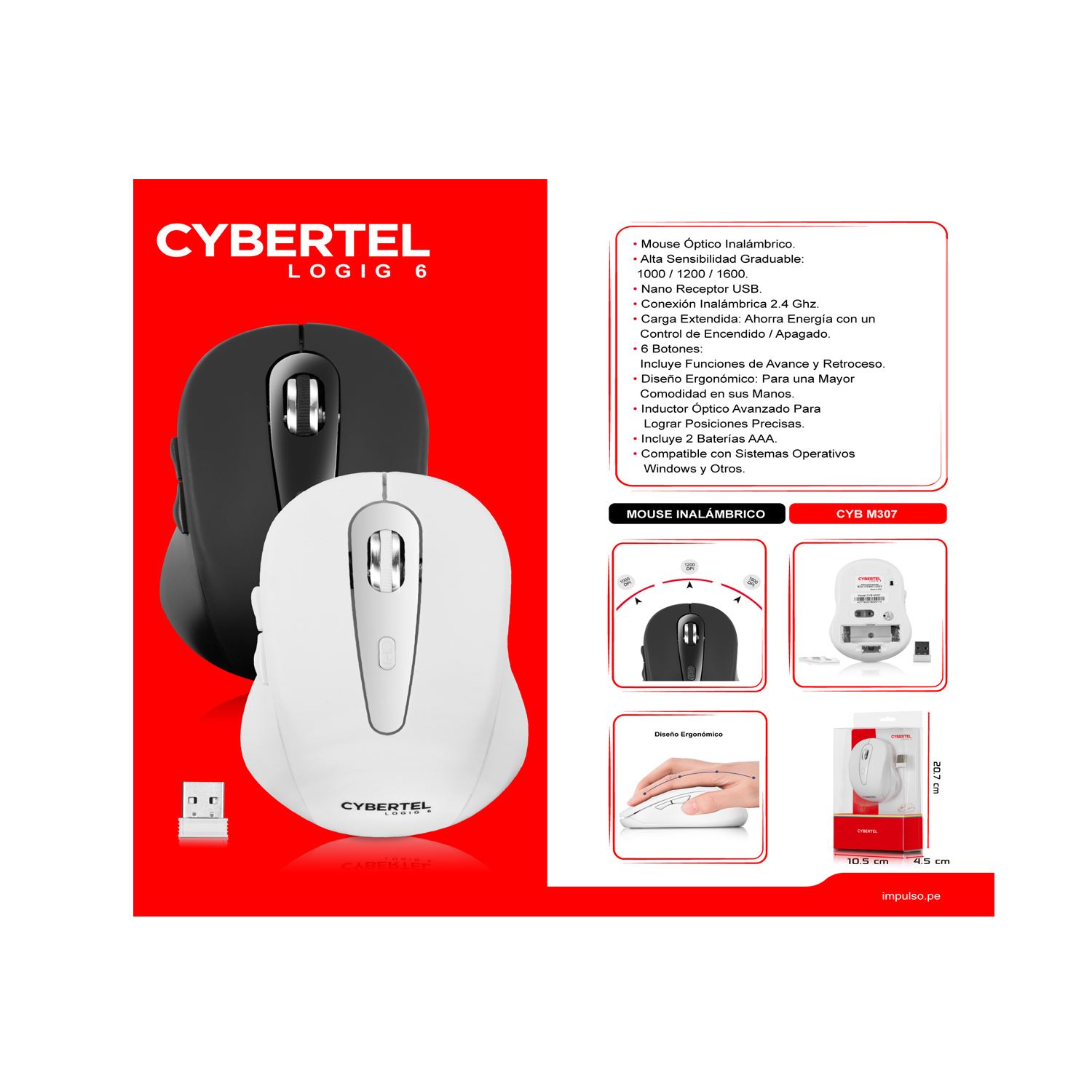 PUNTERO INALÁMBRICO RYBIU COMPACTO Y VERSÁTIL M307 BLANCO + REGALO STICKERS - 5
