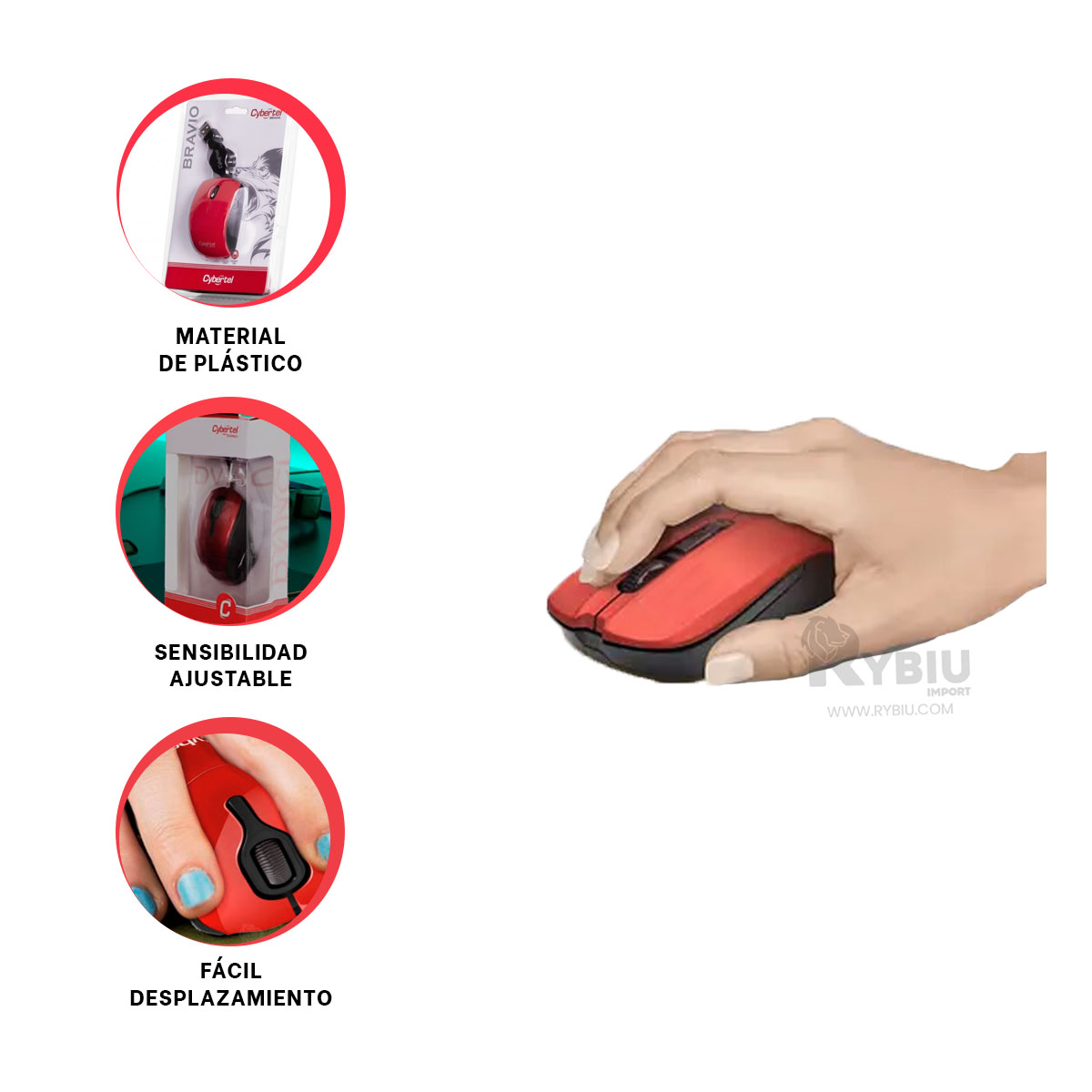 CURSOR INALÁMBRICO RYBIU MODERNO M312 ROJO + REGALO LIGAS PEINAR - 1