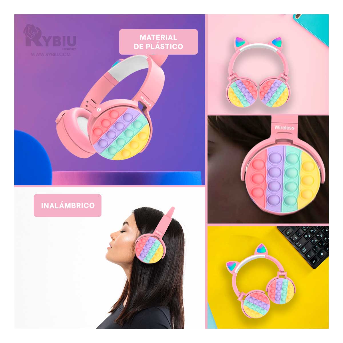 HEADPHONES RYBIU INALÁMBRICO CON FORMA ANIMAL EN ROSADO + REGALO AGENDITA - 4