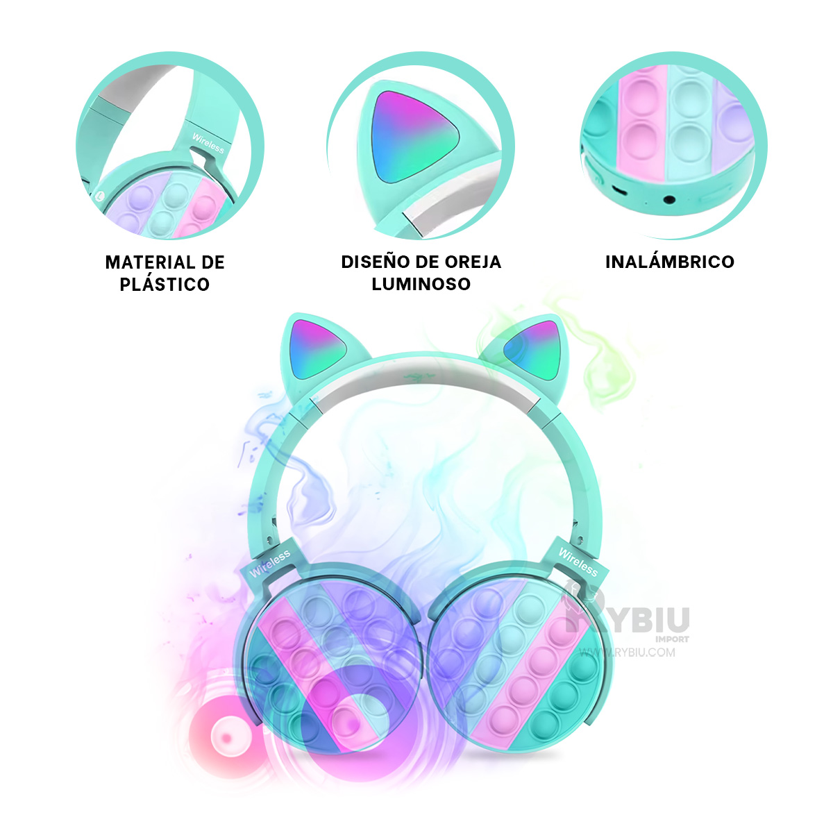 AUDÍFONOS RYBIU INALÁMBRICO ERGONOMICOS EN VERDE AGUA + PAPEL REGALO - 3