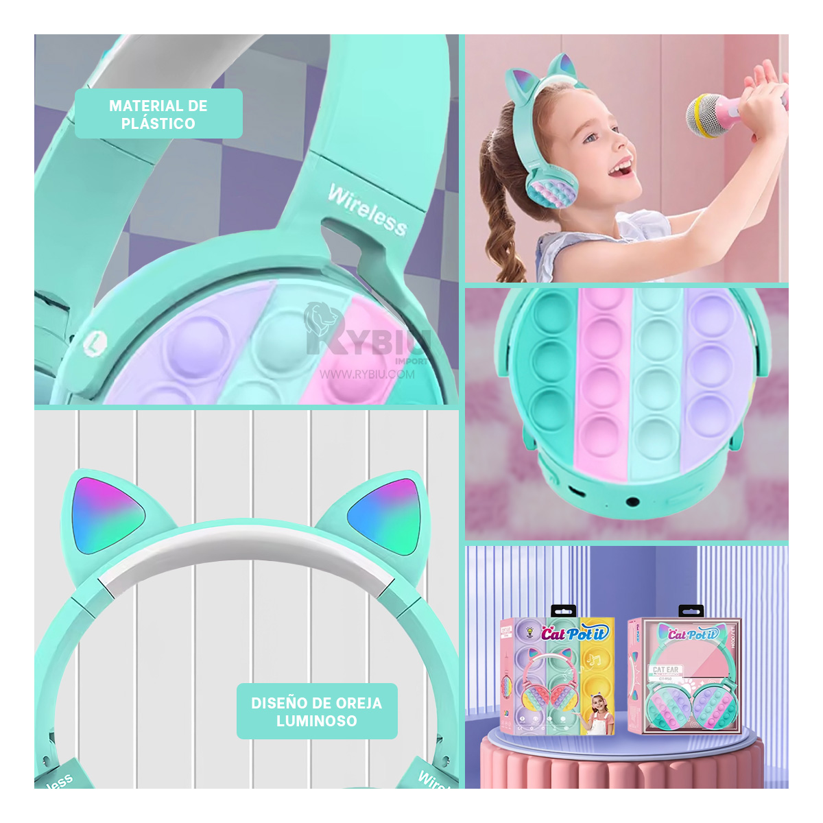 AUDÍFONOS RYBIU INALÁMBRICO ERGONOMICOS EN VERDE AGUA + PAPEL REGALO - 4
