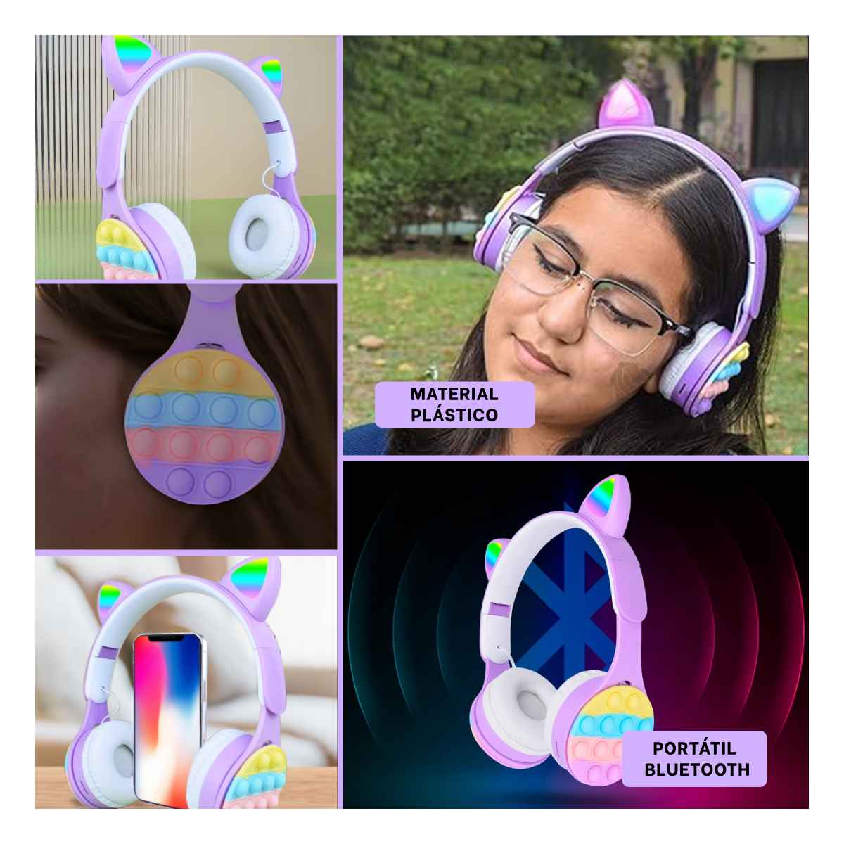 HEADPHONES RYBIU INALÁMBRICO OREJUELAS GATUNAS LILA + GIFT MINIAGENDA - 1