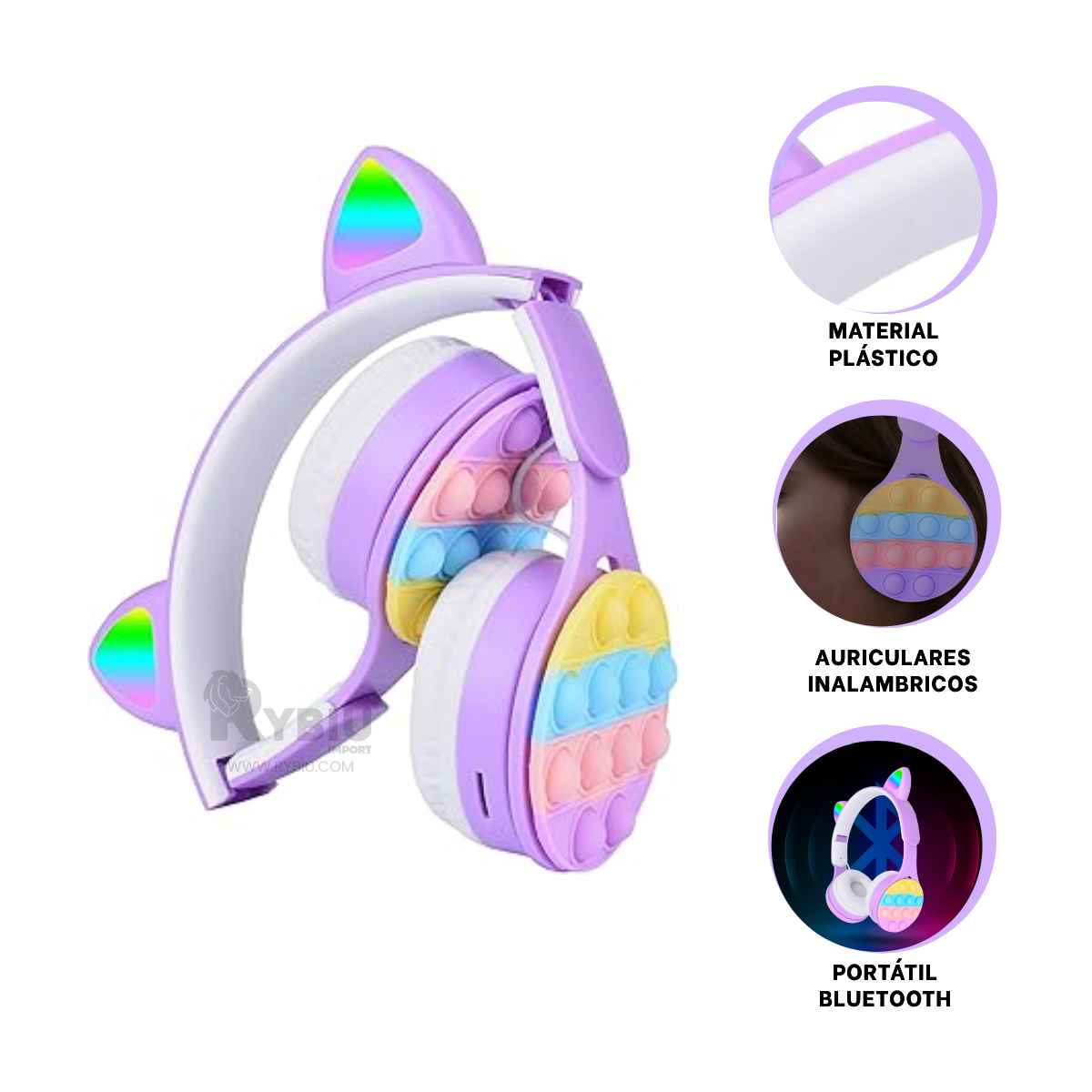 HEADPHONES RYBIU INALÁMBRICO OREJUELAS GATUNAS LILA + GIFT MINIAGENDA - 3