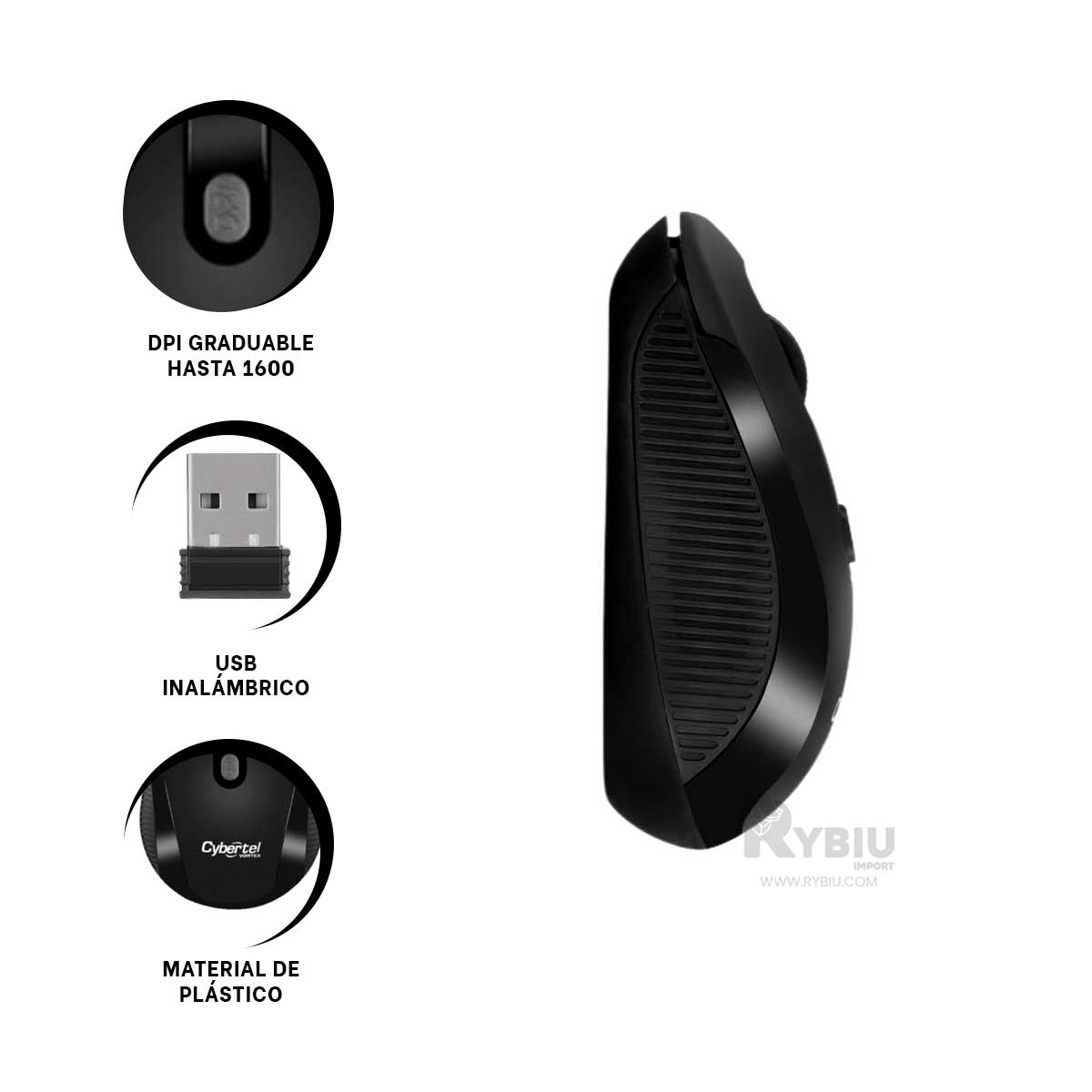 CURSOR INALÁMBRICO RYBIU CYB M207 EN COLOR NEGRO + BANDERITAS ADHESIVAS - 1