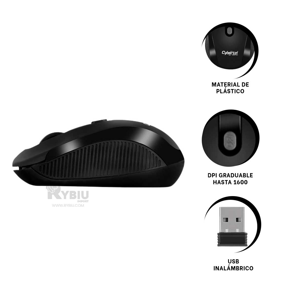 CURSOR INALÁMBRICO RYBIU CYB M207 EN COLOR NEGRO + BANDERITAS ADHESIVAS - 3