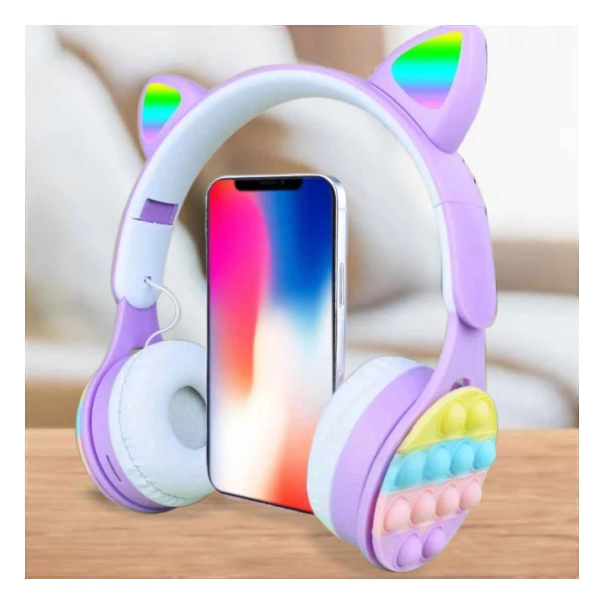 AURICULARES RYBIU INALÁMBRICO GATITO LILA + LIGAS REGALO - 1