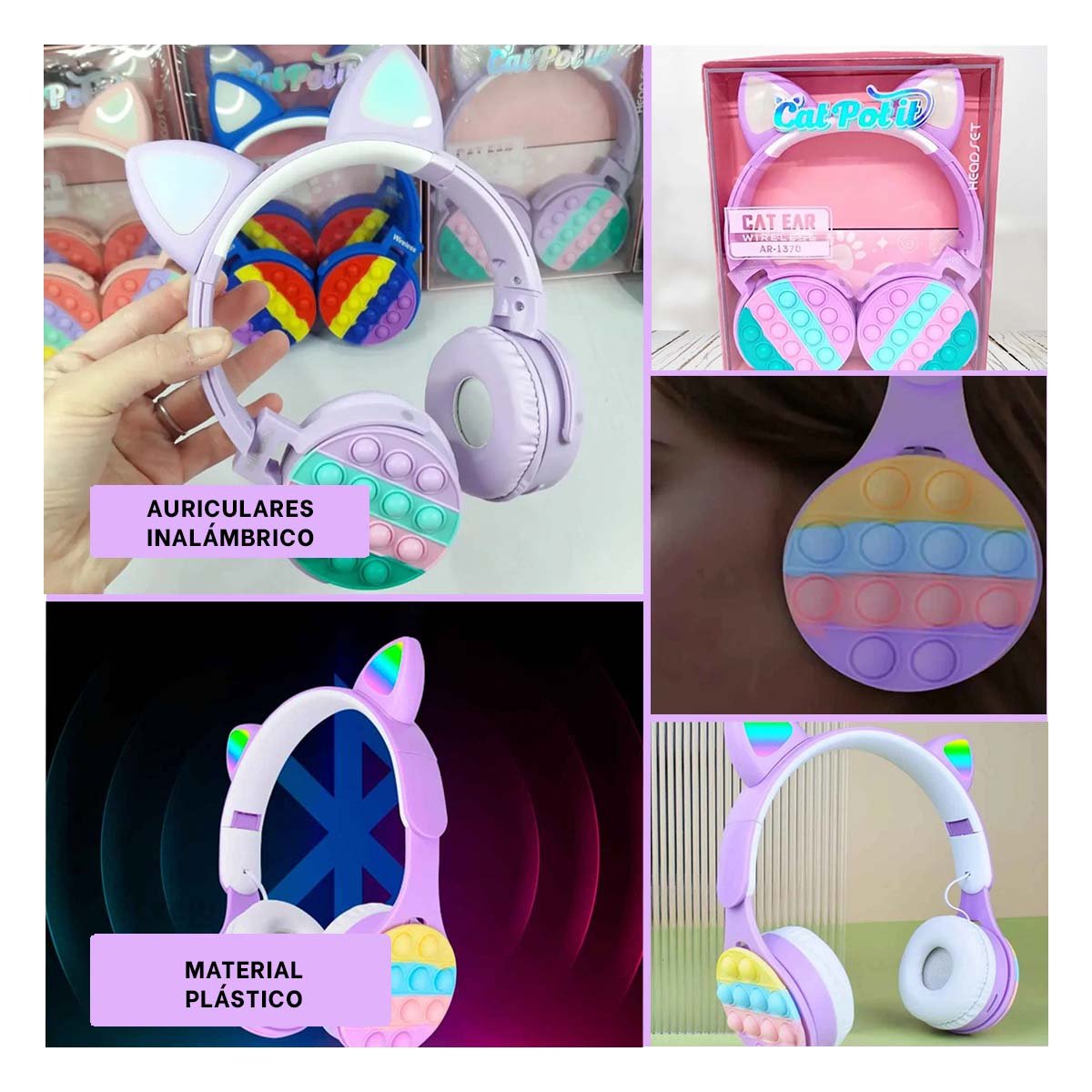 AURICULARES RYBIU INALÁMBRICO GATITO LILA + LIGAS REGALO - 5