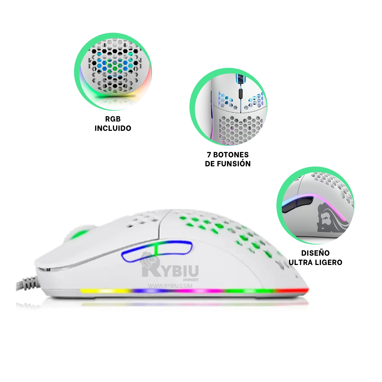 MOUSE GAMER INALÁMBRICO RYBIU GM828RX BLANCO RATON EFICIENTE SENSIBILIDAD + REGALO AGENDITA - 3