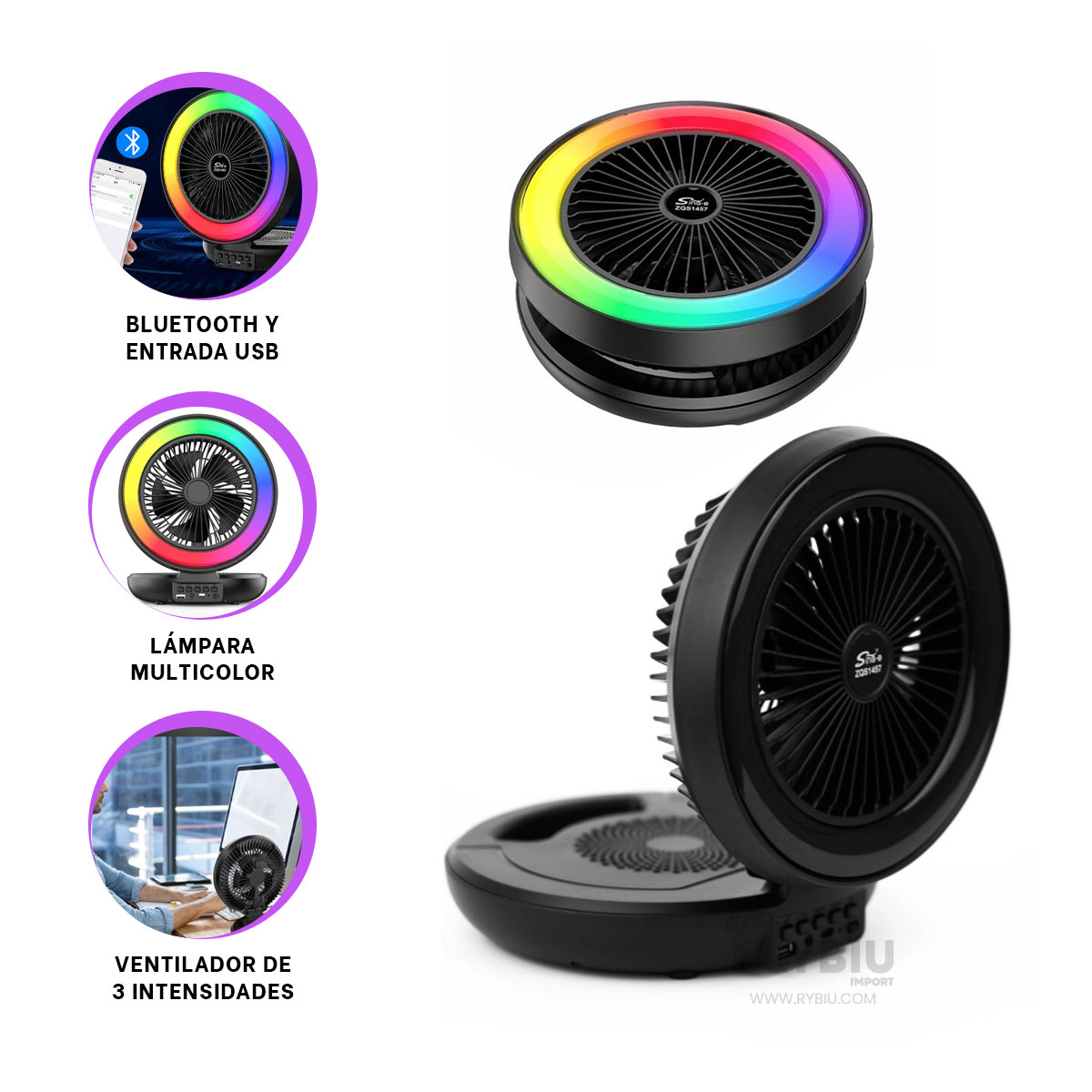 PARLANTE VENTILADOR PORTATIL RYBIU TE29439 BOCINA COMPACTA COLOR NEGRO + BANDERITAS ADHESIVAS - 1
