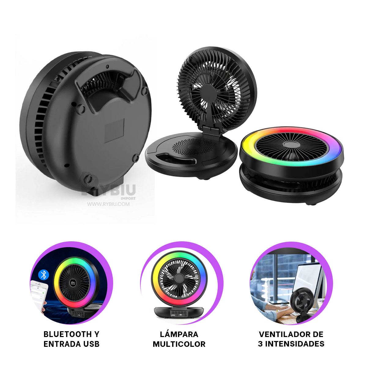 PARLANTE VENTILADOR PORTATIL RYBIU TE29439 BOCINA COMPACTA COLOR NEGRO + BANDERITAS ADHESIVAS - 3