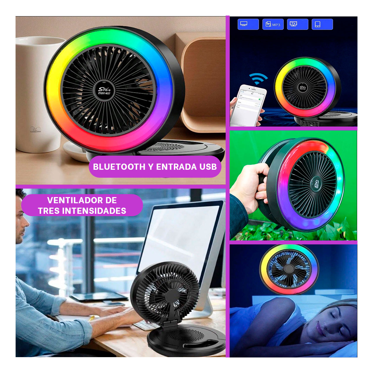 PARLANTE VENTILADOR PORTATIL RYBIU TE29439 BOCINA NEGRO + REGALO LIGAS PEINAR - 4