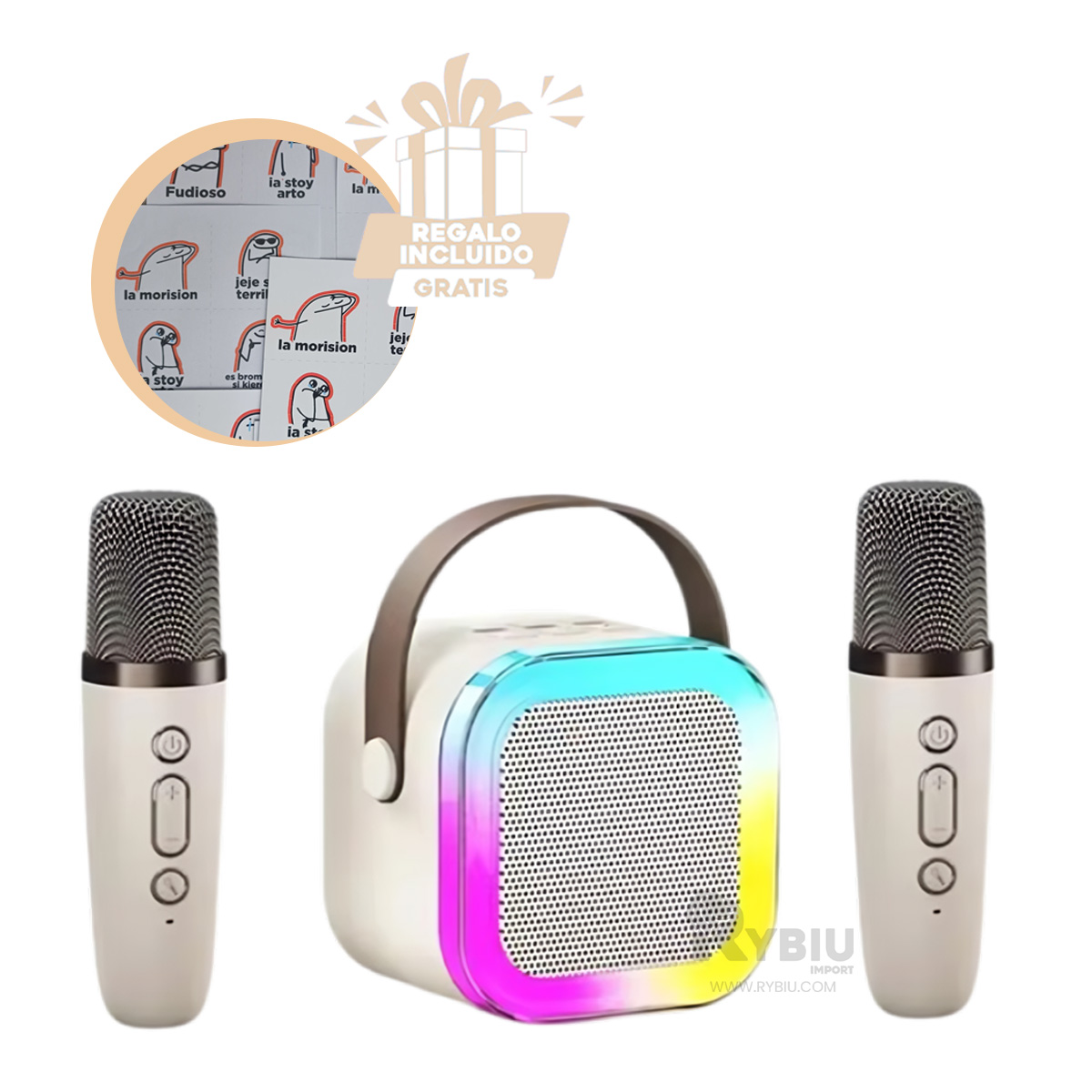 ALTAVOZ RYBIU K12 MINI FUNCIONAL EN COLOR BEIGE + BANDERITAS ADHESIVAS - 1