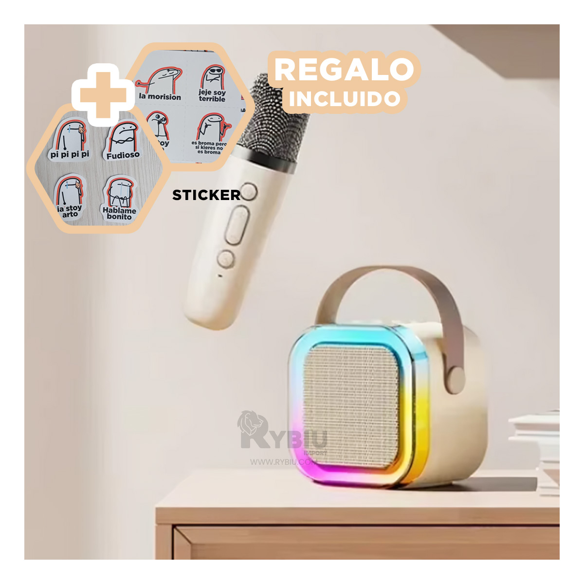 BOCINA RYBIU K12 MINI RECARGABLE EN COLOR BEIGE + GIFT STICKERS - 1