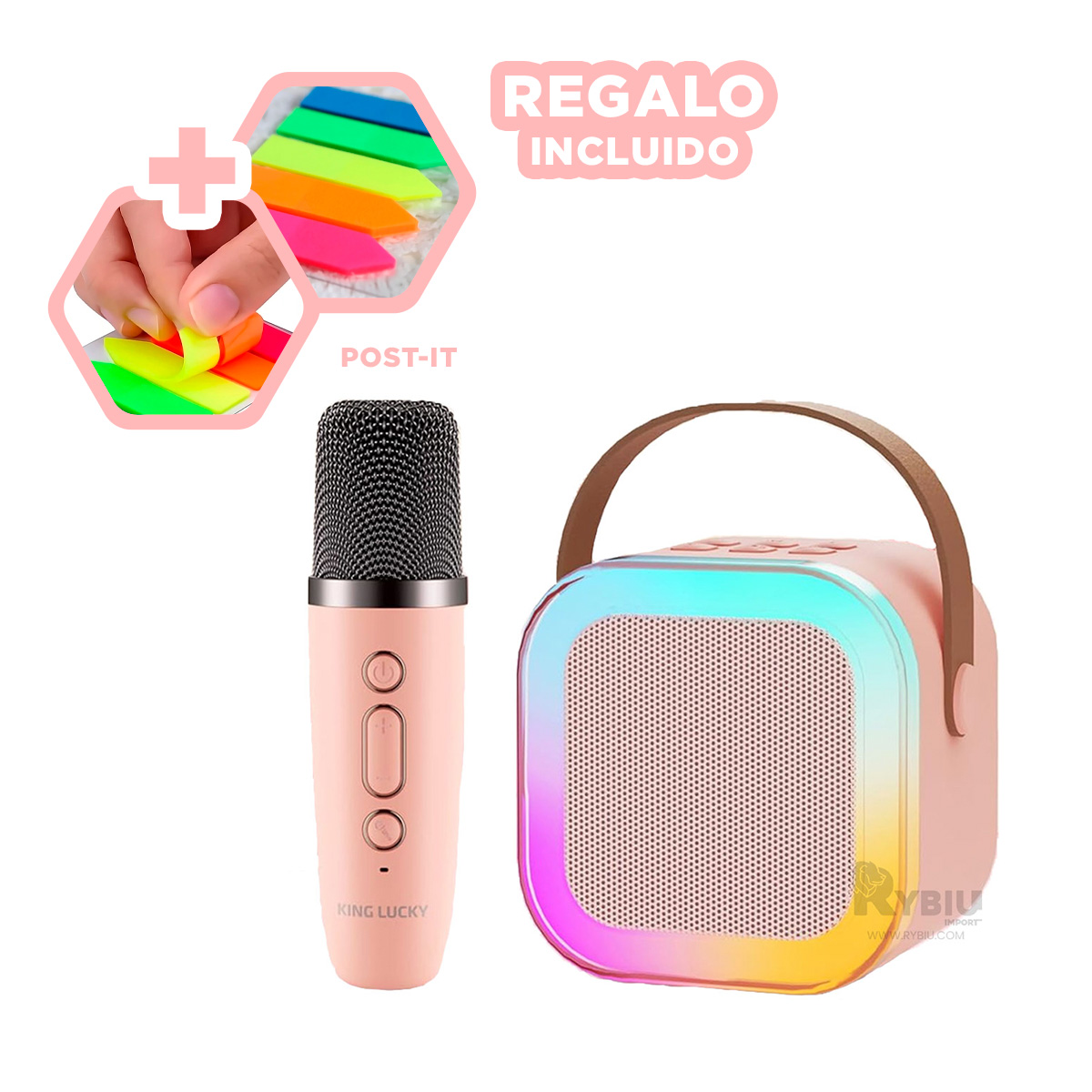 PARLANTE RYBIU K12 MINI BOCINA MICROFONO COLOR ROSADO + GIFT STICKERS - 4