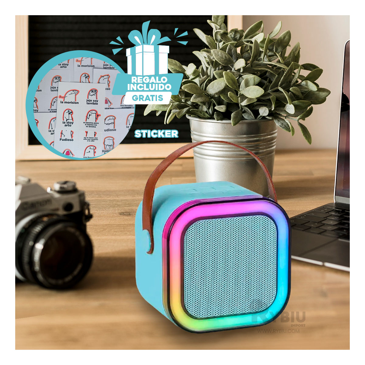 PARLANTE BLUETOOTH RYBIU K12 MINI DIFUSOR SONIDO POTENTE CELESTE + BANDERITAS ADHESIVAS - 1