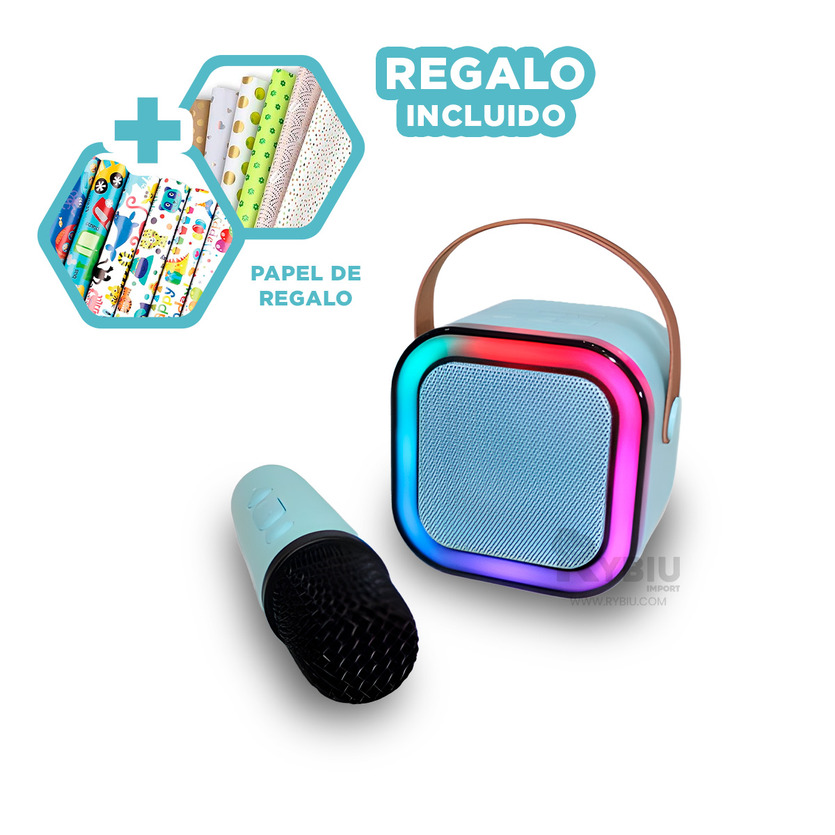 PARLANTE BLUETOOTH RYBIU K12 MINI DIFUSOR SONIDO POTENTE CELESTE + BANDERITAS ADHESIVAS - 2