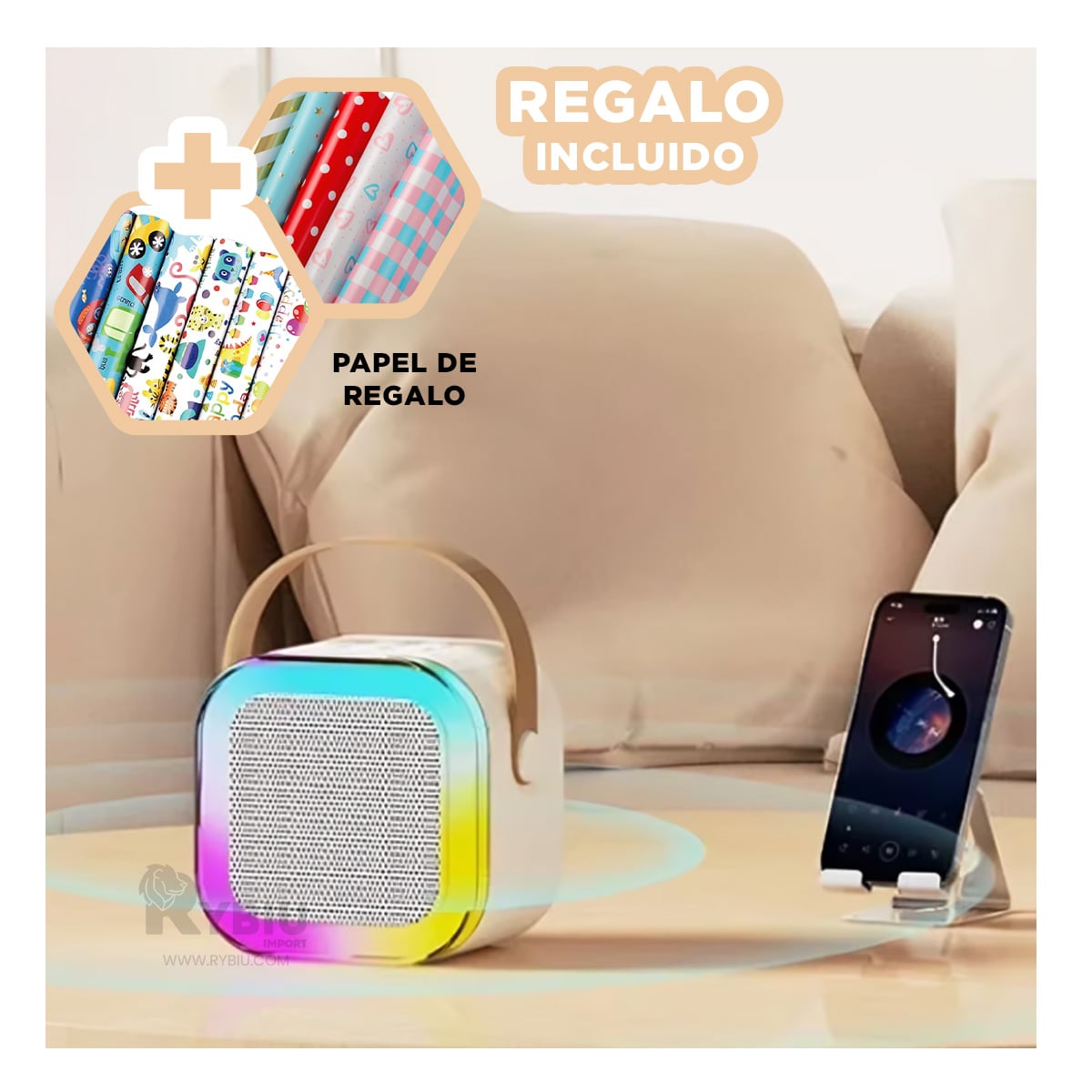 BOCINA PARA KARAOKE RYBIU K12 MINI EN COLOR BEIGE + REGALO AGENDITA - 1