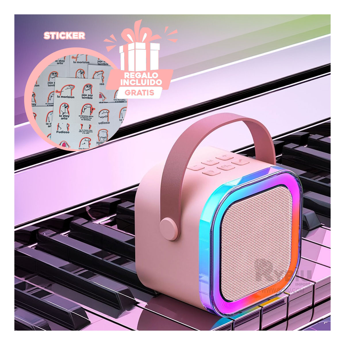 PARLANTE RYBIU K12 MINI ALTAVOZ MICROFONO ROSADO + REGALO LIGAS PEINAR - 1