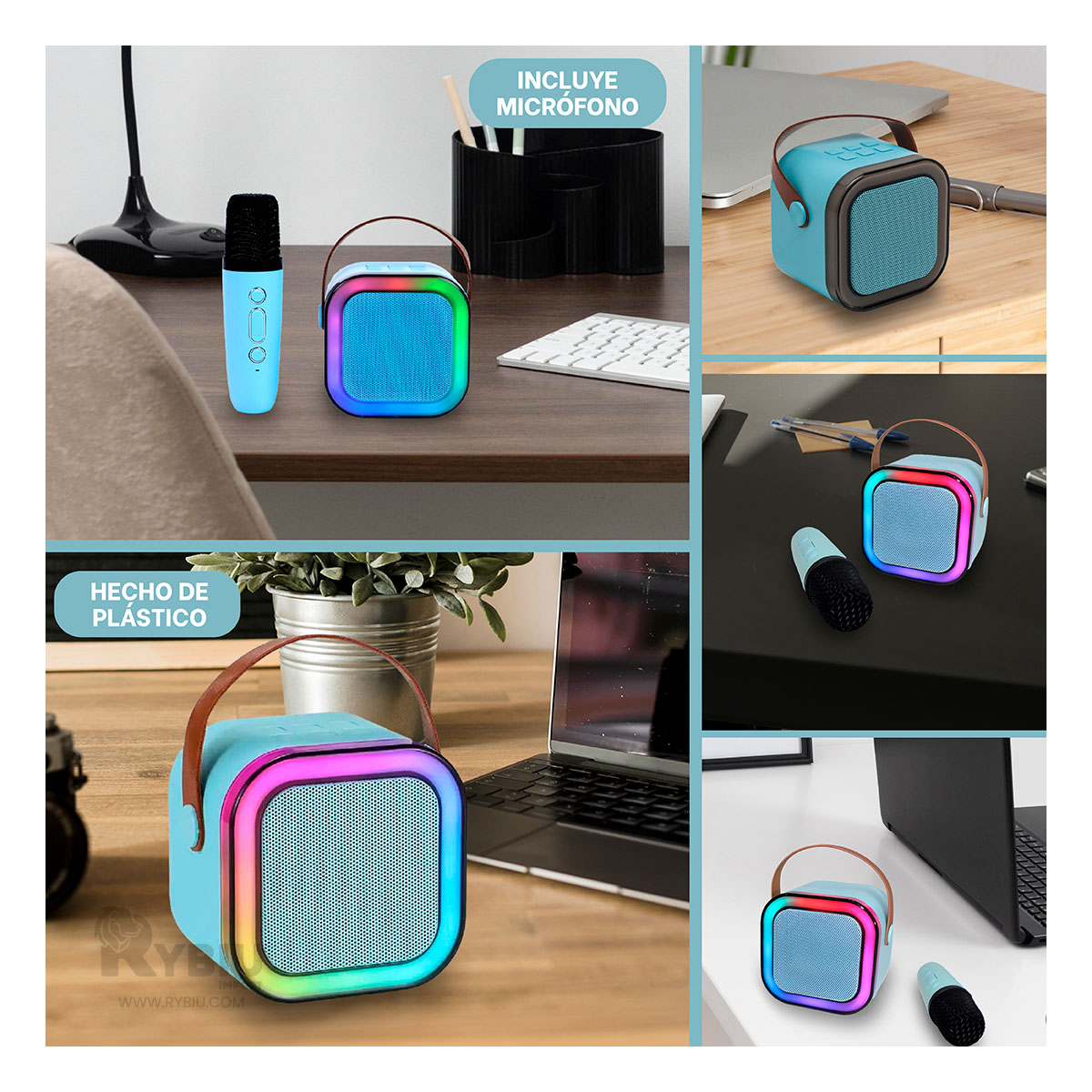 PARLANTE BLUETOOTH RYBIU K12 MINI BOCINA KARAOKE COLOR CELESTE + REGALO STICKERS - 1