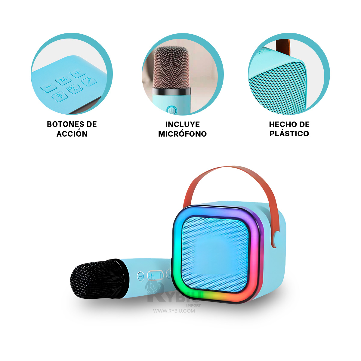PARLANTE BLUETOOTH RYBIU K12 MINI BOCINA KARAOKE COLOR CELESTE + REGALO STICKERS - 2