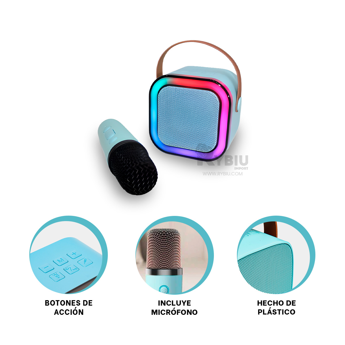 PARLANTE BLUETOOTH RYBIU K12 MINI BOCINA KARAOKE COLOR CELESTE + REGALO STICKERS - 3