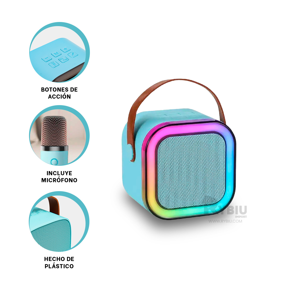 PARLANTE BLUETOOTH RYBIU K12 MINI BOCINA KARAOKE COLOR CELESTE + REGALO STICKERS - 4