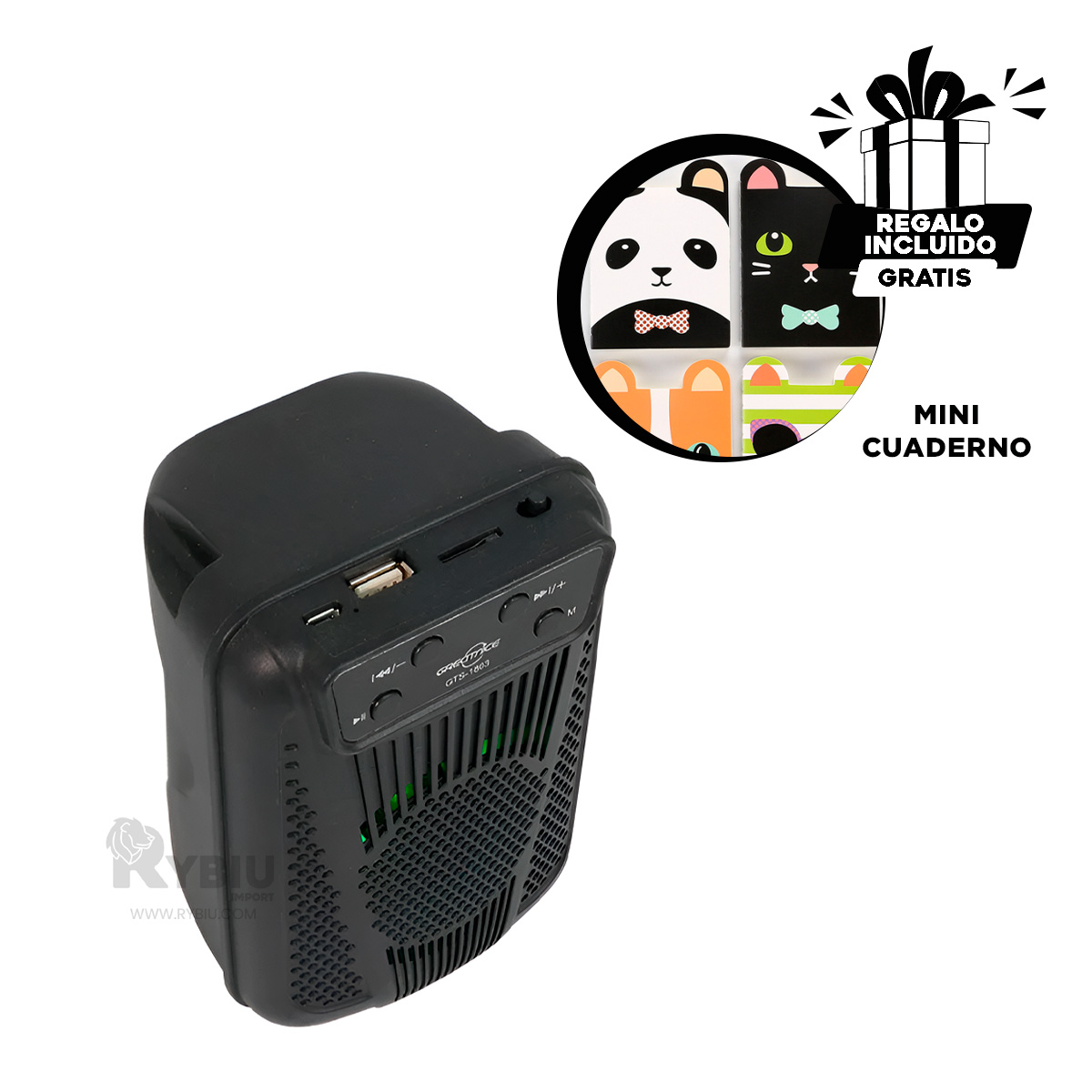 PARLANTE RYBIU GTS-1803 ALTAVOZ FACIL MANEJAR COLOR NEGRO + ENVOLTORIO REGALO - 1