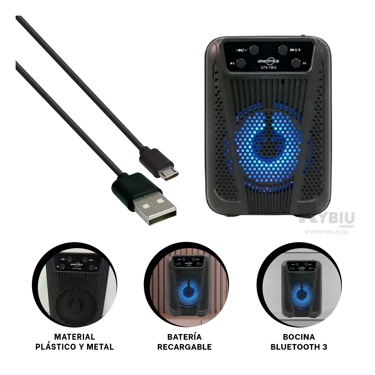 PARLANTE RYBIU GTS-1803 ALTAVOZ FACIL MANEJAR COLOR NEGRO + ENVOLTORIO REGALO - 4