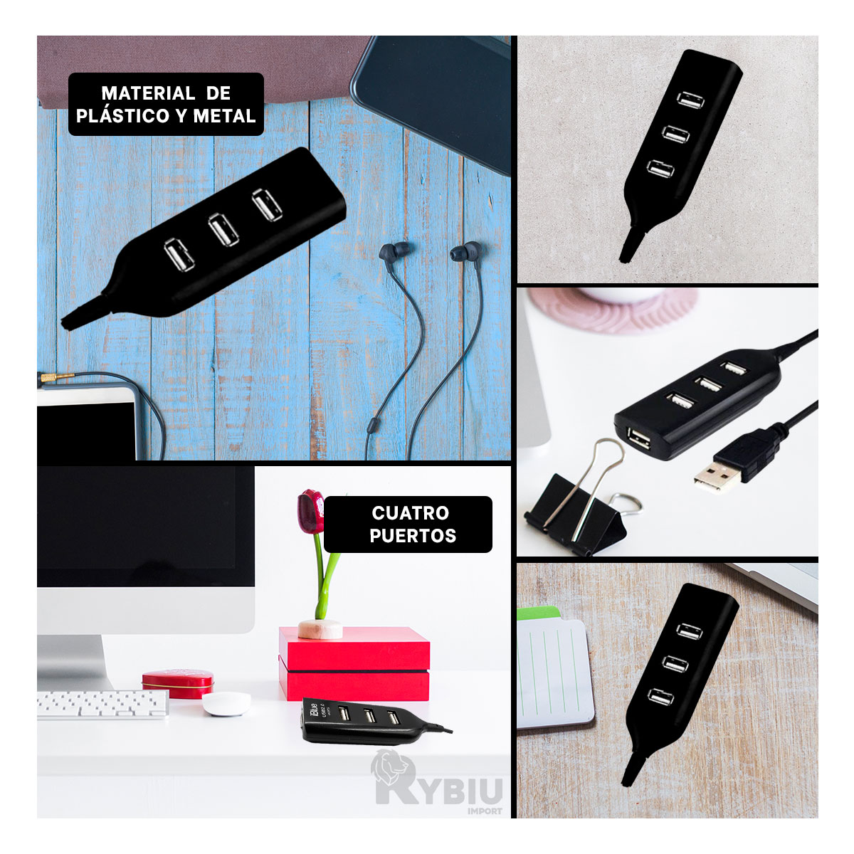 EXTENSION PARA USB 2.0 ALTA 4 PUERTOS RYBIU NEGRO + GIFT MINIAGENDA - 1
