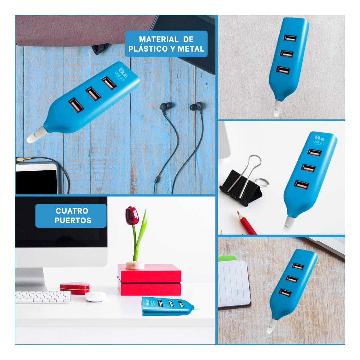 EXTENSION PORTATIL PARA USB 2.0 4 PUERTOS RYBIU TURQUEZA + REGALO STICKERS - 1