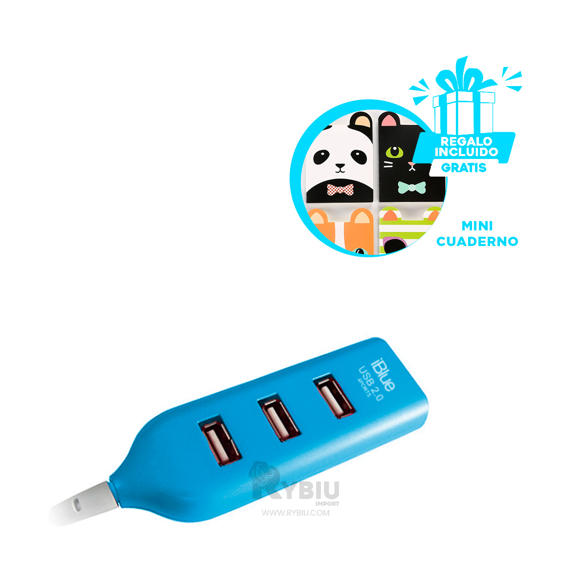 EXTENSION PORTATIL PARA USB 2.0 4 PUERTOS RYBIU TURQUEZA + REGALO STICKERS - 3