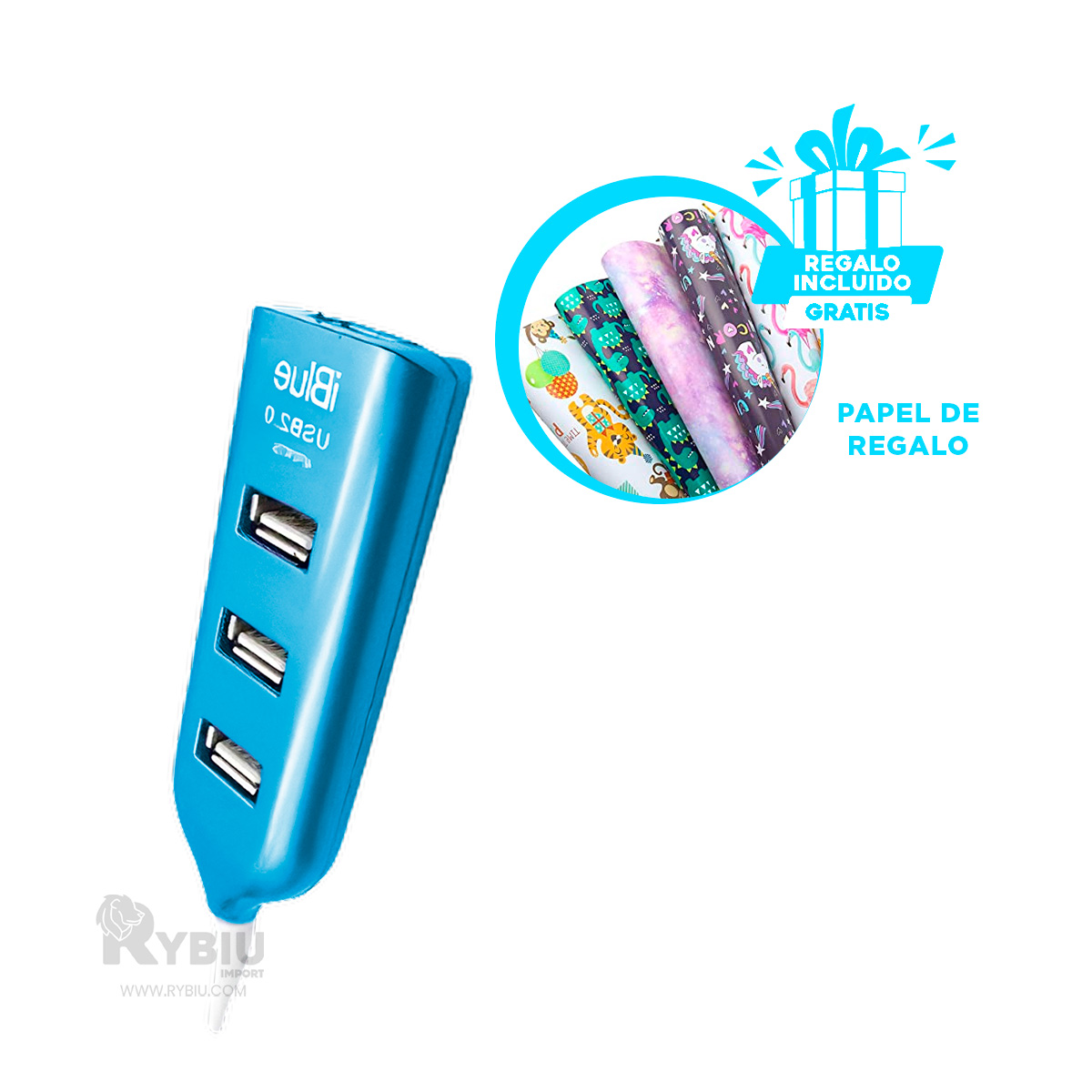 EXTENSION PORTATIL PARA USB 2.0 4 PUERTOS RYBIU TURQUEZA + REGALO STICKERS - 4
