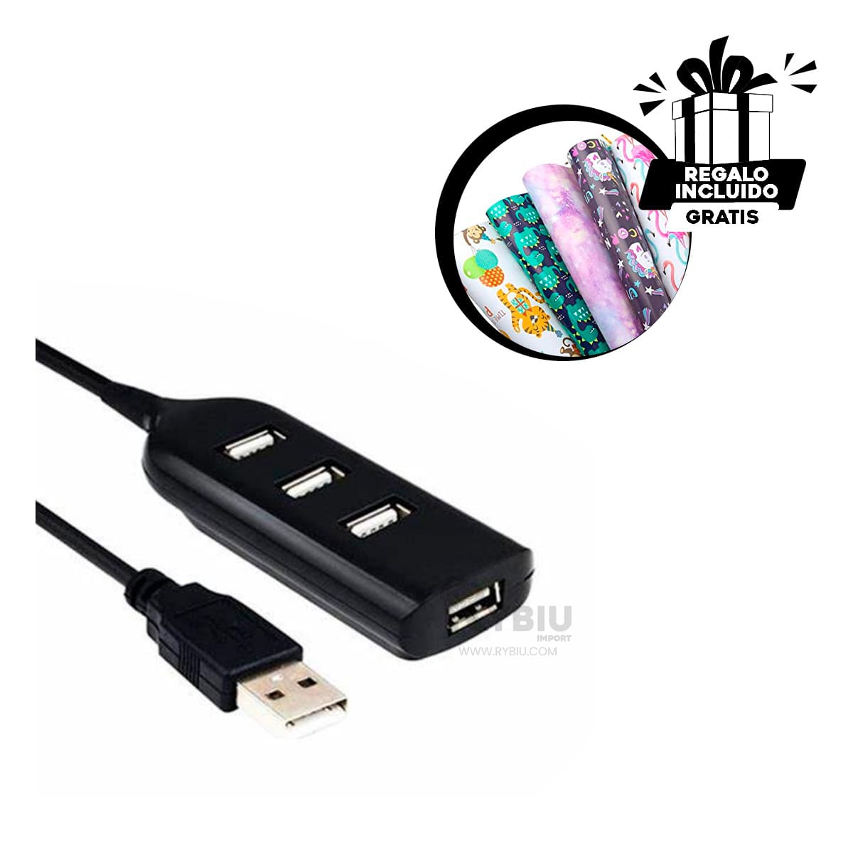 ADAPTADOR 4 PUERTOS RYBIU DE PLASTICO TONO NEGRO + BANDERITAS ADHESIVAS - 1