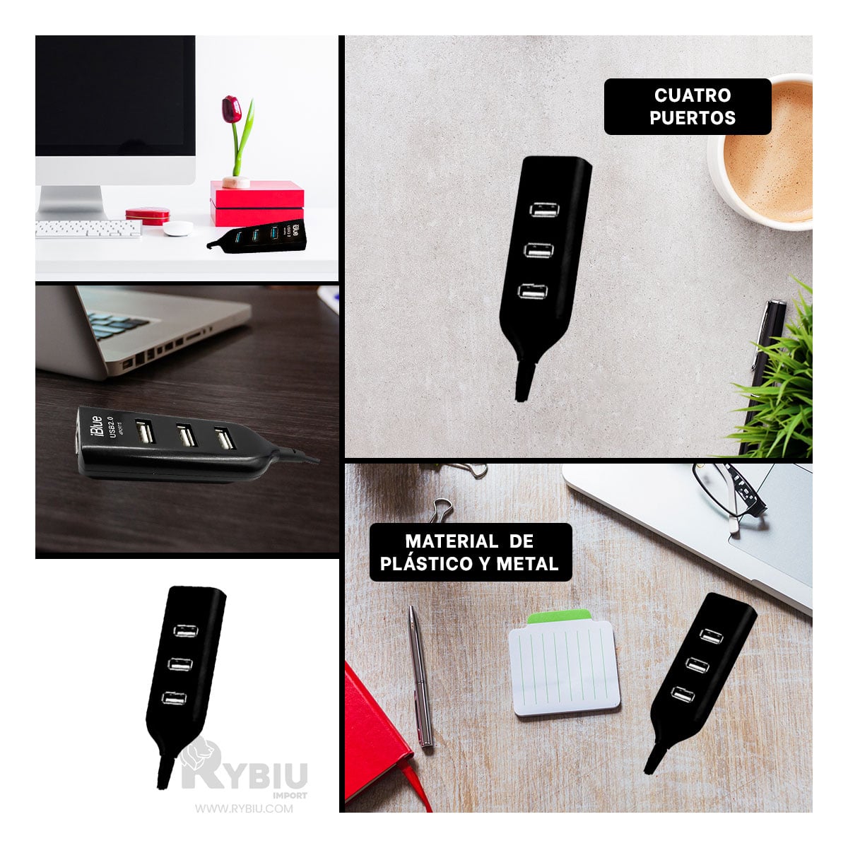 ADAPTADOR 4 PUERTOS RYBIU DE PLASTICO TONO NEGRO + BANDERITAS ADHESIVAS - 4